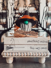 Load image into Gallery viewer, Stamped Book Stack - something wicked this way comes with witch hat and broom