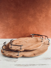 Load image into Gallery viewer, Ornate distressed wood tray metal handles - Set of 2