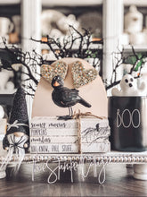 Load image into Gallery viewer, Stamped Book Stack - scary movies, pumpkins, murders, you know fall stuff - with bird on branch