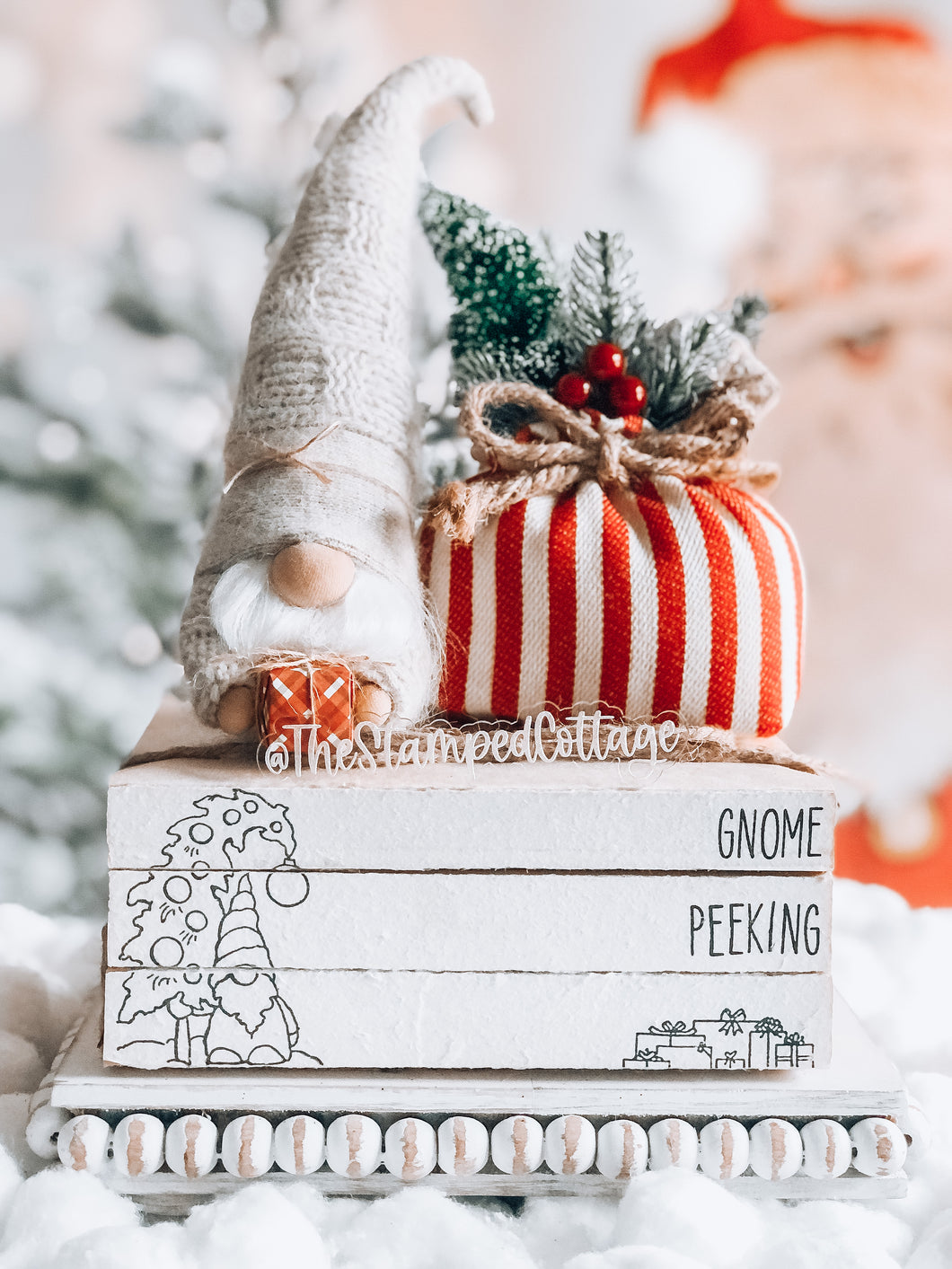 Stamped Book Stack - Gnome Peeking, presents, Christmas tree