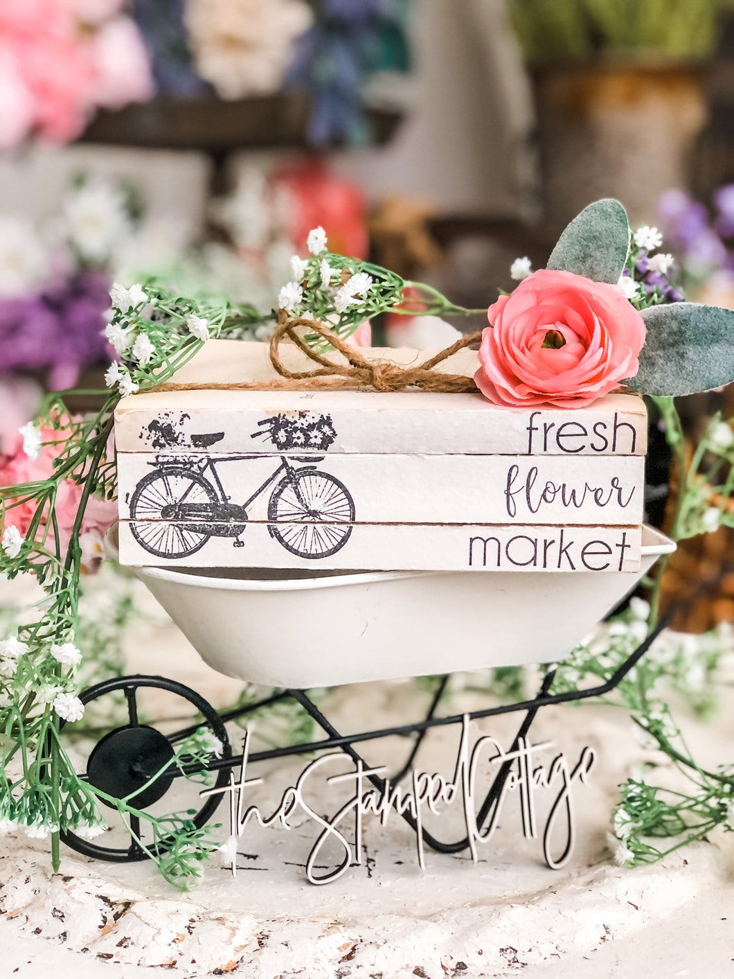 Stamped Book Stack - fresh flower market with bicycle