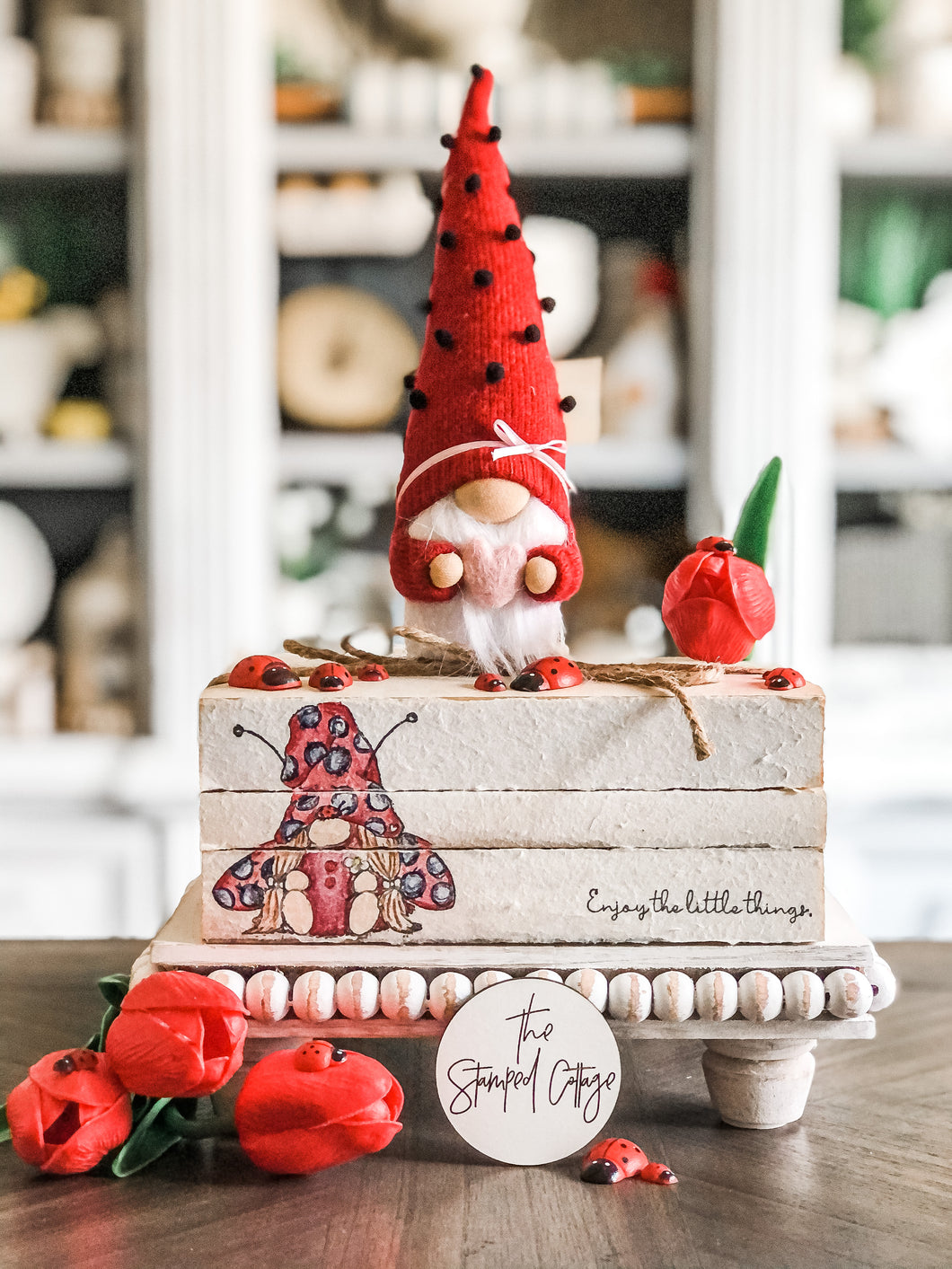 Stamped Book Stack - full color -  ladybug gnome
