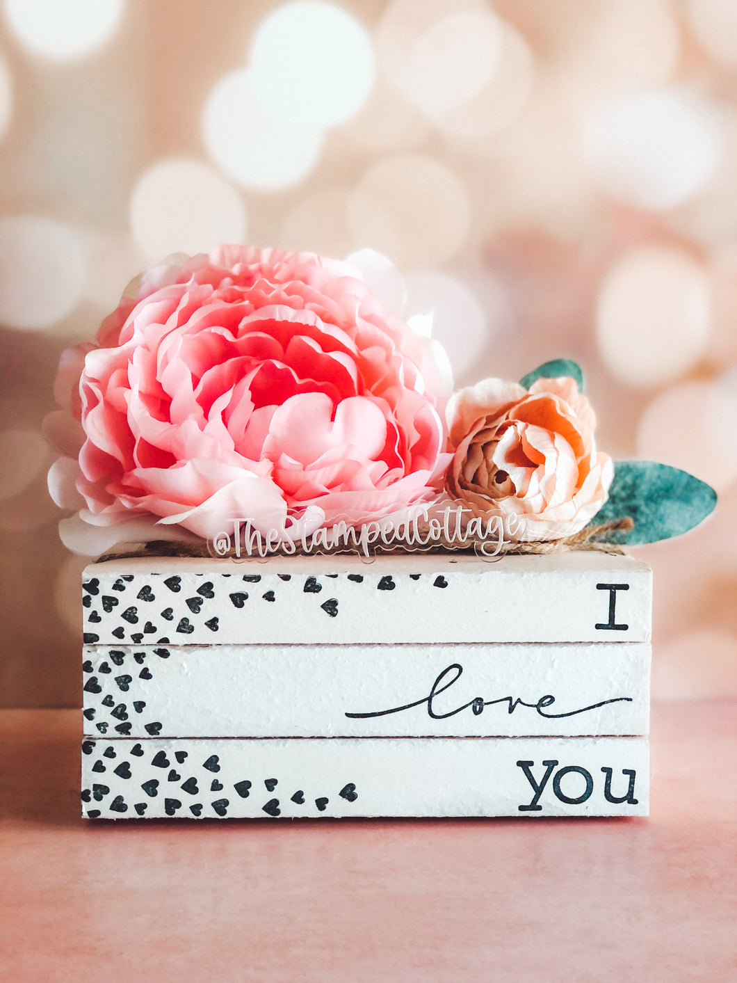 Stamped Book Stack - I love you with hearts confetti