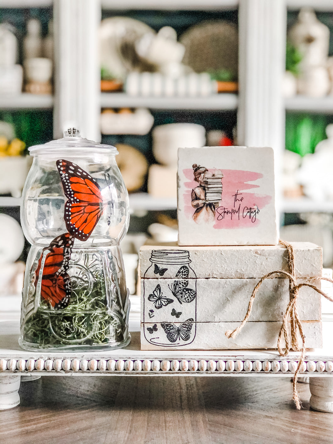 Stamped Book Stack - butterflies in a mason jar
