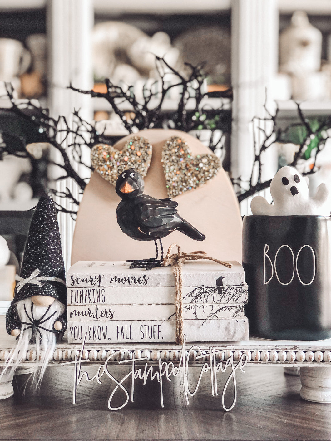Stamped Book Stack - scary movies, pumpkins, murders, you know fall stuff - with bird on branch