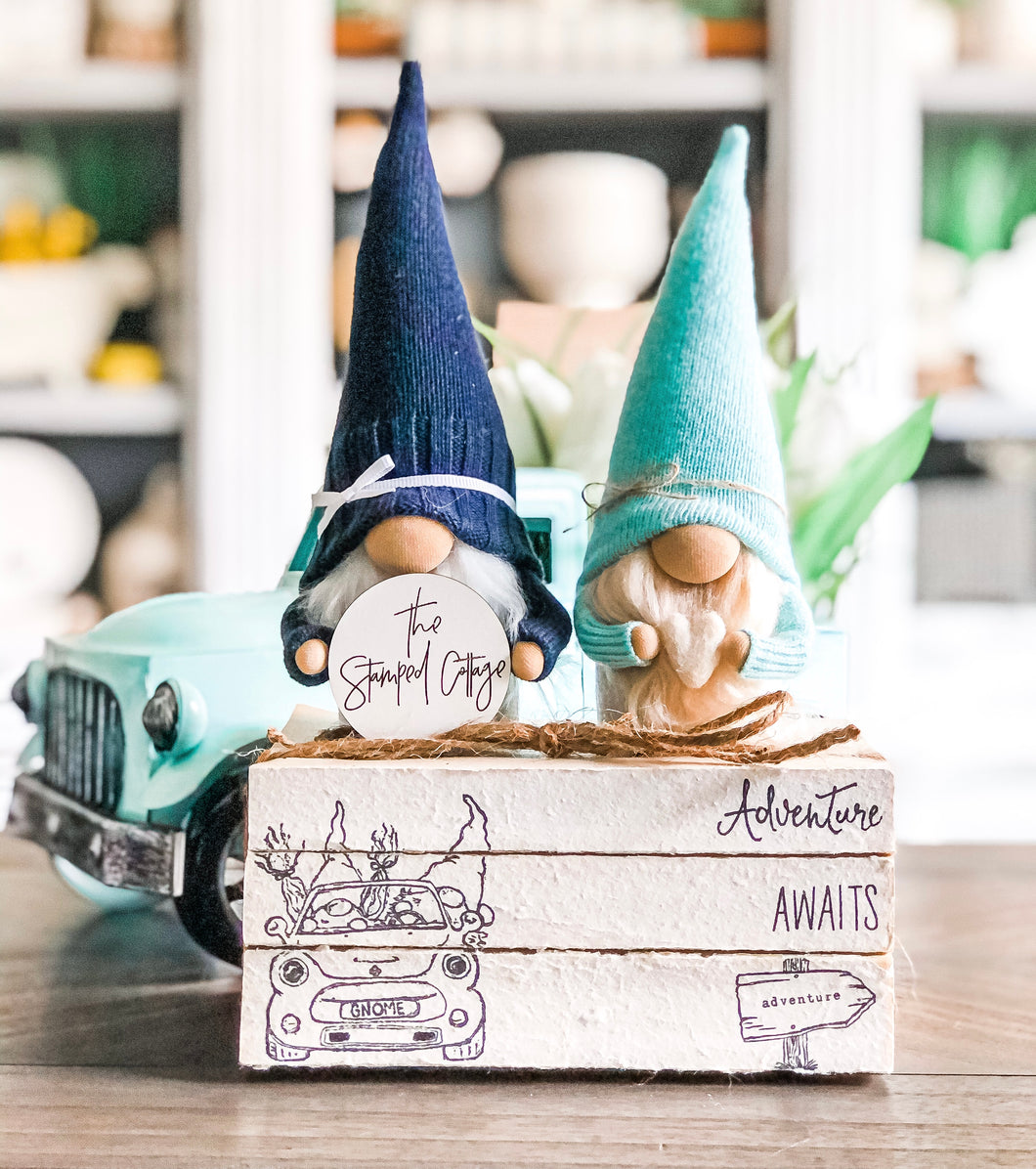 Stamped Book Stack - Adventure Awaits with gnomes taking a road trip