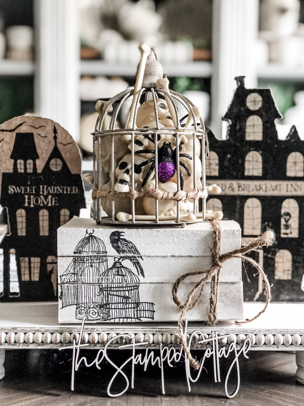 Stamped Book Stack - Spooky Bird Cage with Crow, Raven