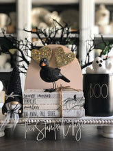 Load image into Gallery viewer, Stamped Book Stack - scary movies, pumpkins, murders, you know fall stuff - with bird on branch
